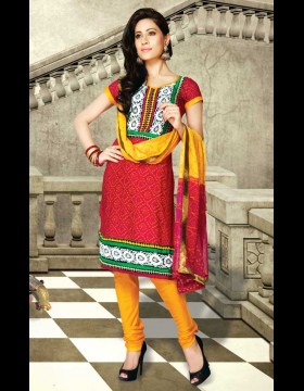 Yellow And Crimson Color Churidar Kameez