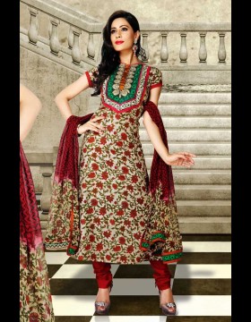 Brick Red & Beige Brown Color Churidar Kameez