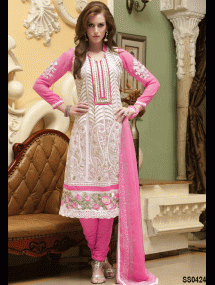 Off White and Pink Cotton Churidar Kameez
