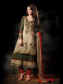 Beige And Dark Green Color Churidar Kameez