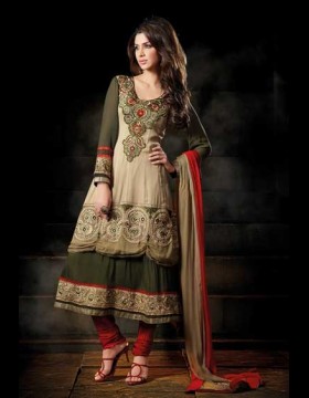 Beige And Dark Green Color Churidar Kameez